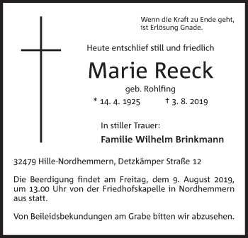 Anzeige von Marie Reeck von Mindener Tageblatt