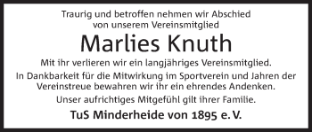 Anzeige von Marlies Knuth von Mindener Tageblatt