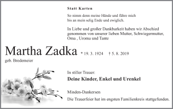 Anzeige von Martha Zadka von Mindener Tageblatt