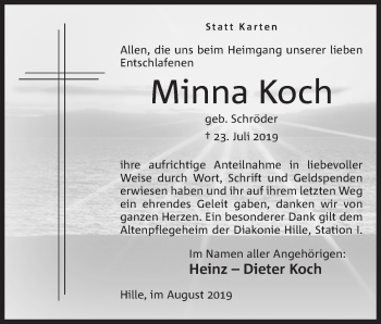 Anzeige von Minna Koch von Mindener Tageblatt