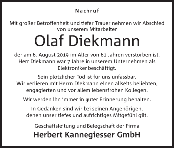 Anzeige von Olaf Diekmann von Mindener Tageblatt