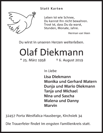 Anzeige von Olaf Diekmann von Mindener Tageblatt