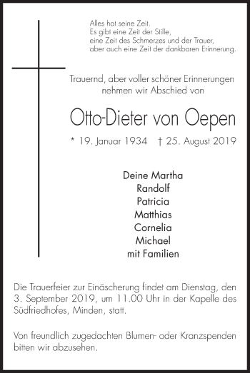 Anzeige von Otto-Dieter von Oepen von Mindener Tageblatt