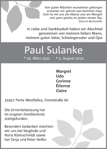 Anzeige von Paul Sulanke von Mindener Tageblatt