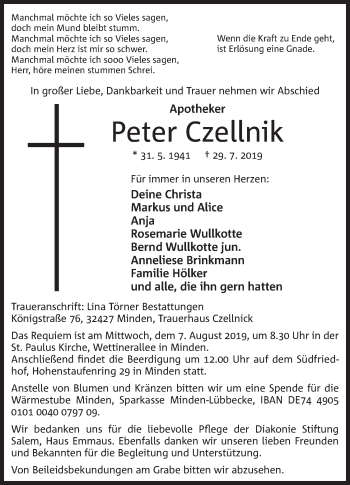 Anzeige von Peter Czellnik von Mindener Tageblatt