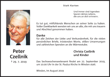 Anzeige von Peter Czellnik von Mindener Tageblatt