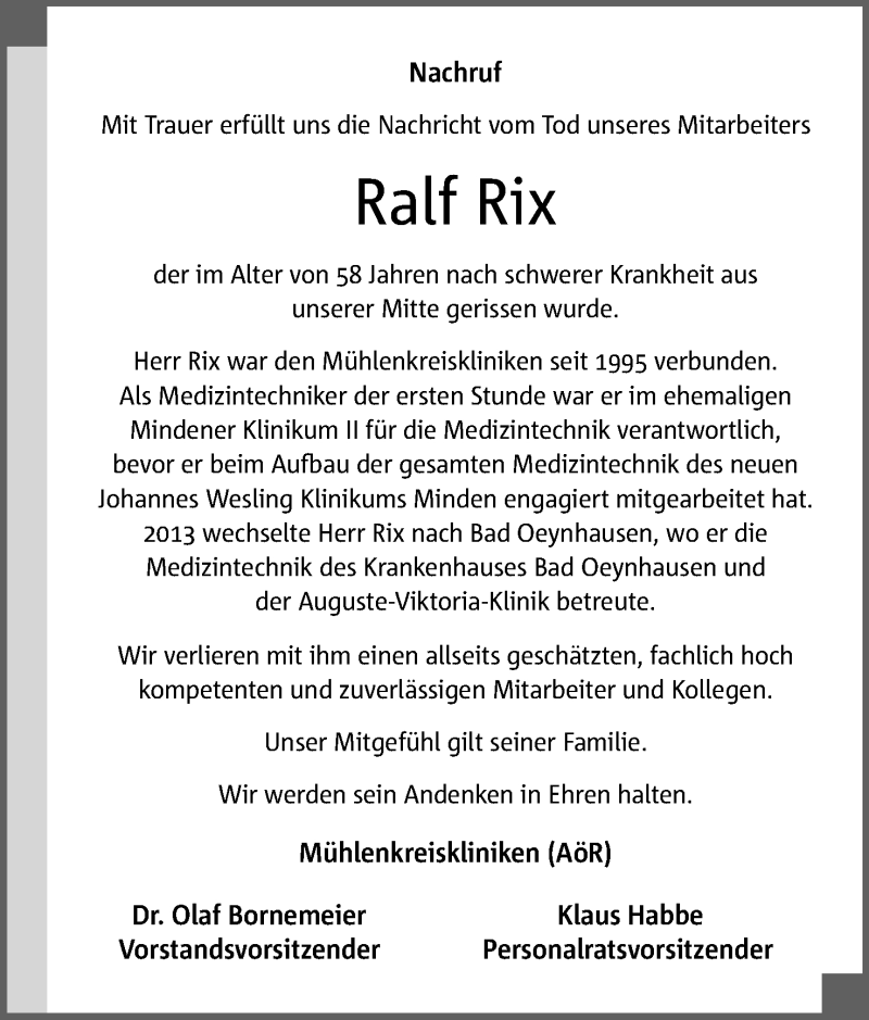  Traueranzeige für Ralf Rix vom 03.08.2019 aus Mindener Tageblatt