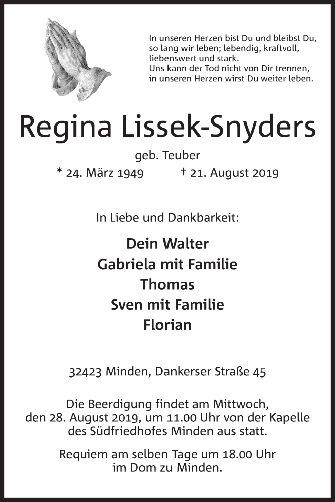  Traueranzeige für Regina Lissek-Snyders vom 24.08.2019 aus Mindener Tageblatt