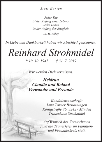 Anzeige von Reinhard Strohmidel von Mindener Tageblatt