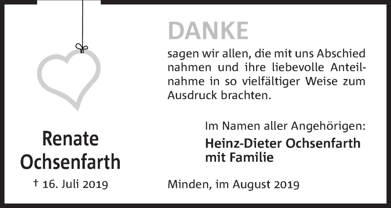  Traueranzeige für Renate Ochsenfarth vom 17.08.2019 aus Mindener Tageblatt