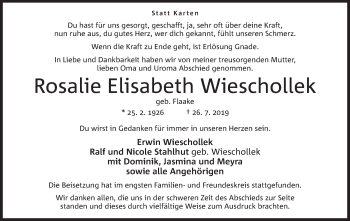 Anzeige von Rosalie Elisabeth Wieschollek von Mindener Tageblatt