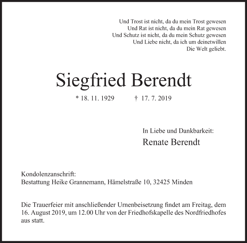  Traueranzeige für Siegfried Berendt vom 10.08.2019 aus Mindener Tageblatt