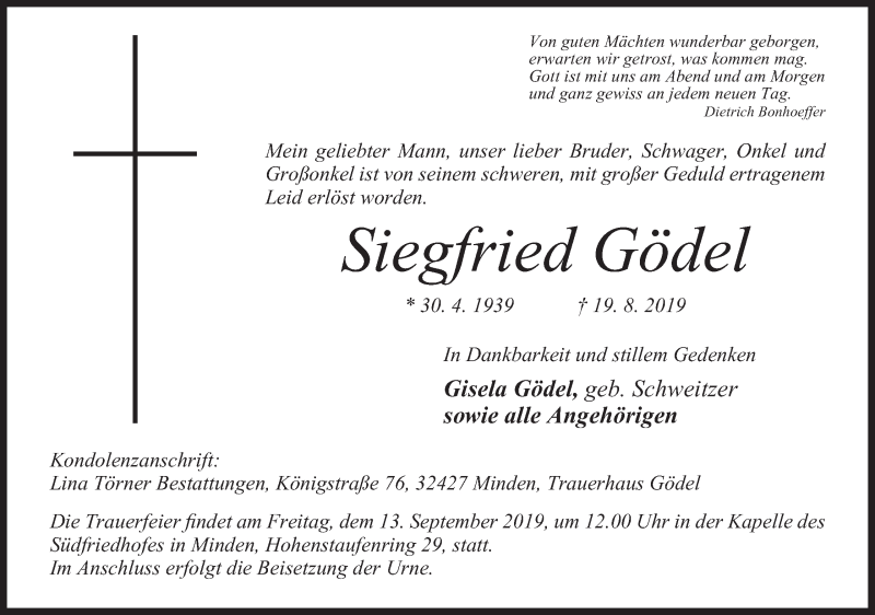  Traueranzeige für Siegfried Gödel vom 31.08.2019 aus Mindener Tageblatt