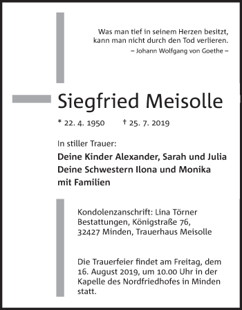 Anzeige von Siegfried Meisolle von Mindener Tageblatt
