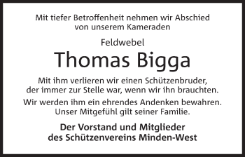 Anzeige von Thomas Bigga von Mindener Tageblatt