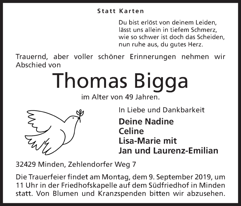  Traueranzeige für Thomas Bigga vom 31.08.2019 aus Mindener Tageblatt