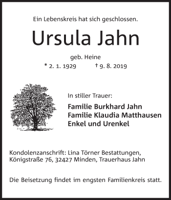 Anzeige von Ursula Jahn von Mindener Tageblatt
