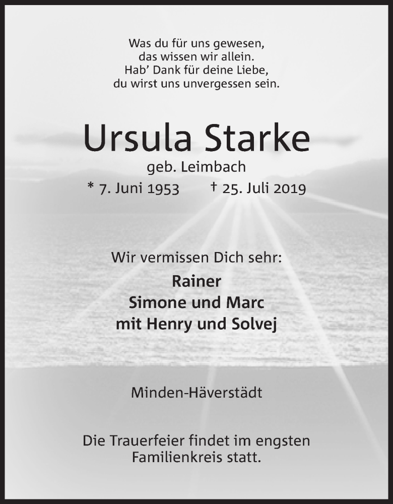  Traueranzeige für Ursula Starke vom 03.08.2019 aus Mindener Tageblatt