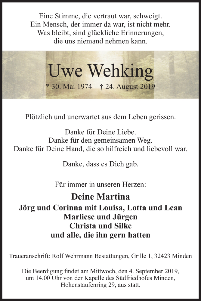  Traueranzeige für Uwe Wehking vom 31.08.2019 aus Mindener Tageblatt