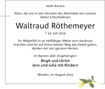 Anzeige von Waltraud Röthemeyer von Mindener Tageblatt