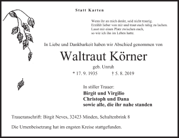 Anzeige von Waltraut Körner von Mindener Tageblatt