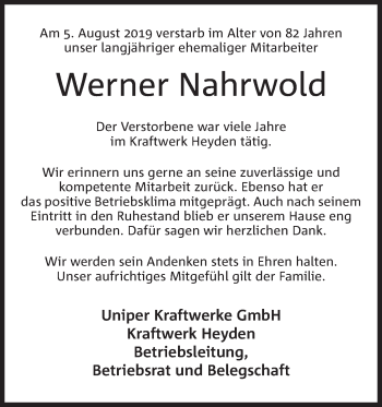Anzeige von Werner Nahrwold von Mindener Tageblatt