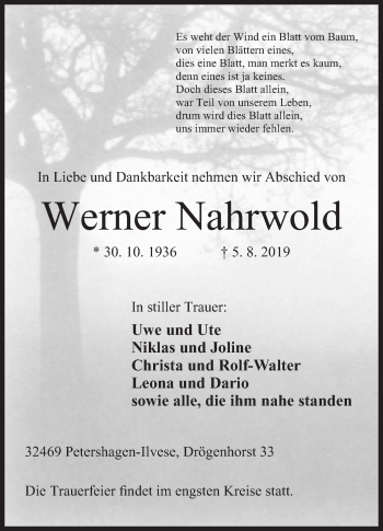 Anzeige von Werner Nahrwold von Mindener Tageblatt