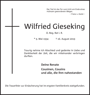 Anzeige von Wilfried Gieseking von Mindener Tageblatt
