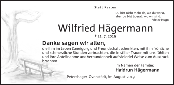 Anzeige von Wilfried Hägermann von Mindener Tageblatt