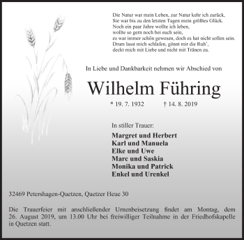 Anzeige von Wilhelm Führing von Mindener Tageblatt