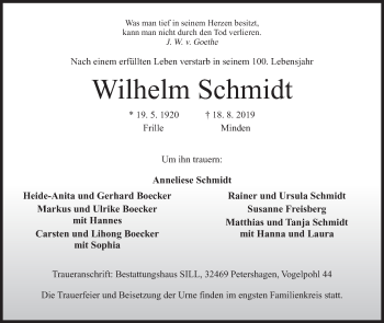 Anzeige von Wilhelm Schmidt von Mindener Tageblatt
