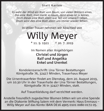 Anzeige von Willy Meyer von Mindener Tageblatt