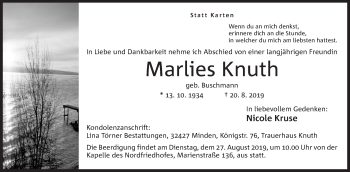 Anzeige von Marlies Knuth von Mindener Tageblatt
