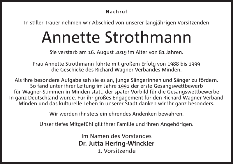  Traueranzeige für Annette Strothmann vom 07.09.2019 aus Mindener Tageblatt