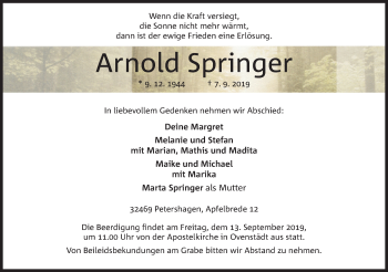 Anzeige von Arnold Springer von Mindener Tageblatt