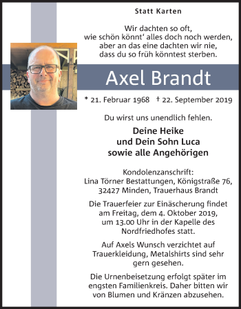 Traueranzeigen von Axel Brandt | Trauer.MT.de