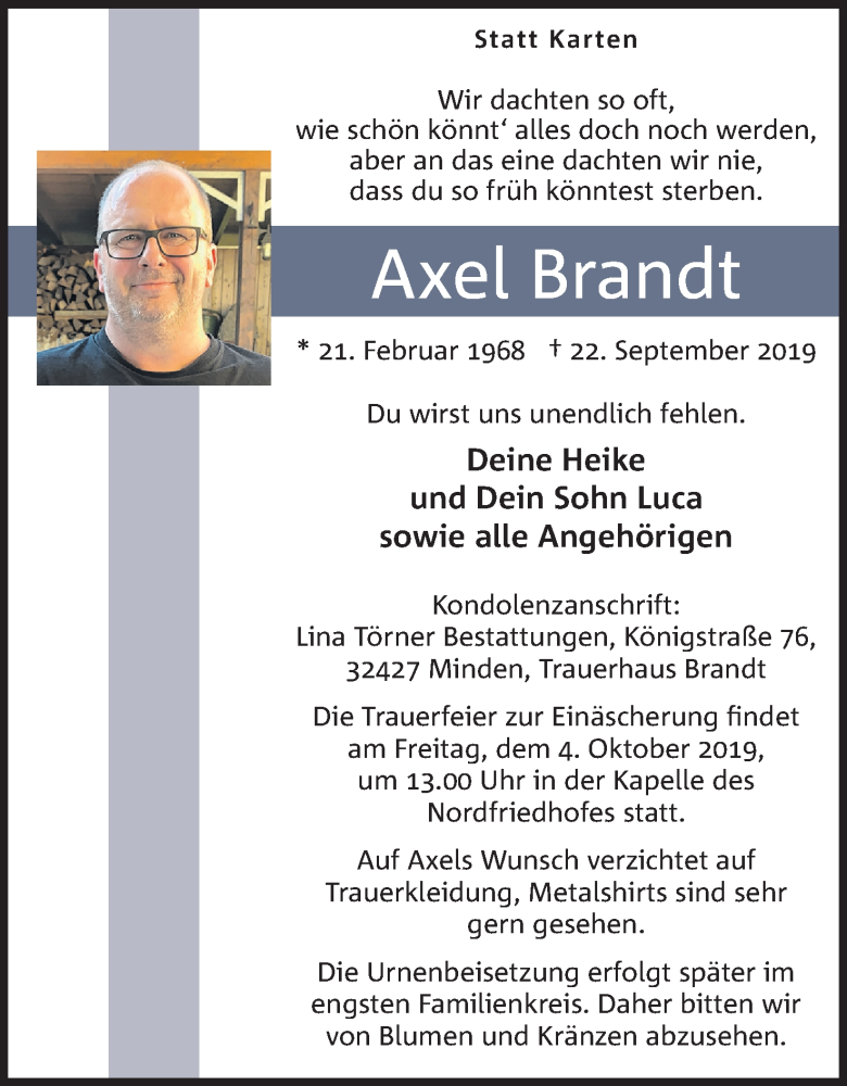 Traueranzeige für Axel Brandt vom 28.09.2019 aus Mindener Tageblatt