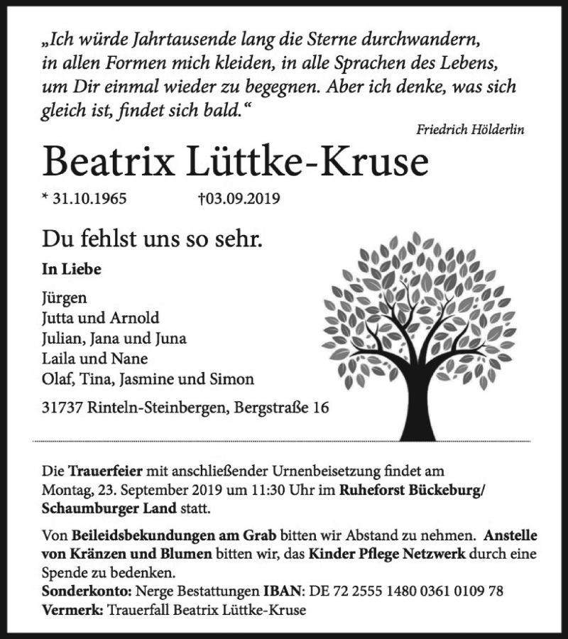  Traueranzeige für Beatrix Lüttke-Kruse vom 14.09.2019 aus Mindener Tageblatt