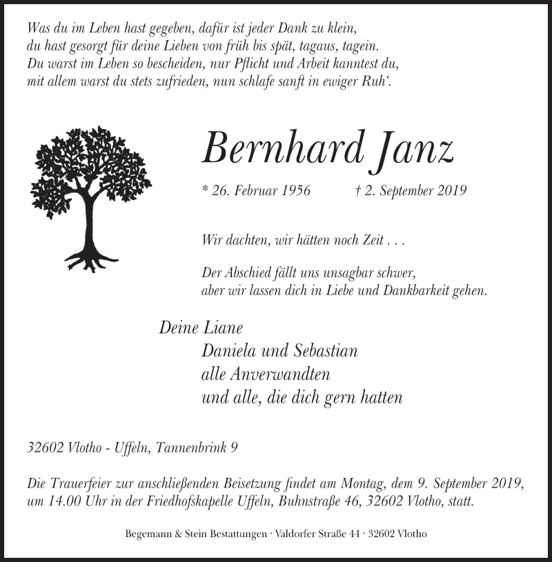  Traueranzeige für Bernhard Janz vom 05.09.2019 aus Mindener Tageblatt