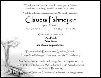 Anzeige von Claudia Pahlmeyer von Mindener Tageblatt