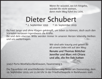 Anzeige von Dieter Schubert von Mindener Tageblatt