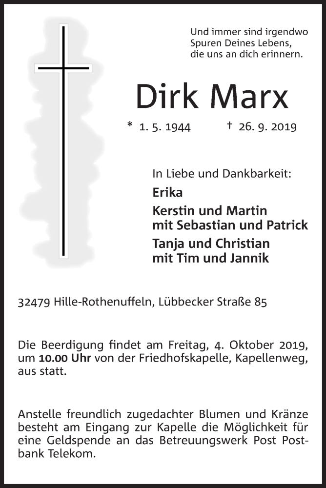  Traueranzeige für Dirk Marx vom 28.09.2019 aus Mindener Tageblatt