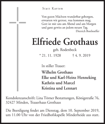 Anzeige von Elfriede Grothaus von Mindener Tageblatt