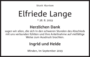 Anzeige von Elfriede Lange von Mindener Tageblatt