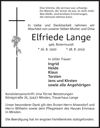 Anzeige von Elfriede Lange von Mindener Tageblatt