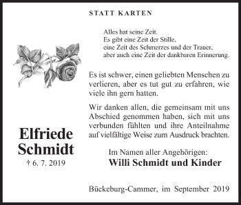 Anzeige von Elfriede Schmidt von Mindener Tageblatt