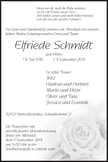 Anzeige von Elfriede Schmidt von Mindener Tageblatt