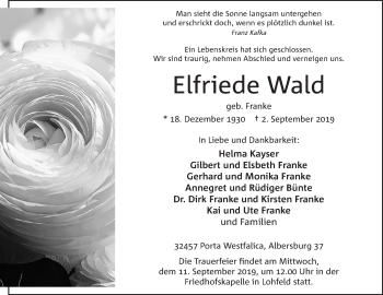 Anzeige von Elfriede Wald von Mindener Tageblatt
