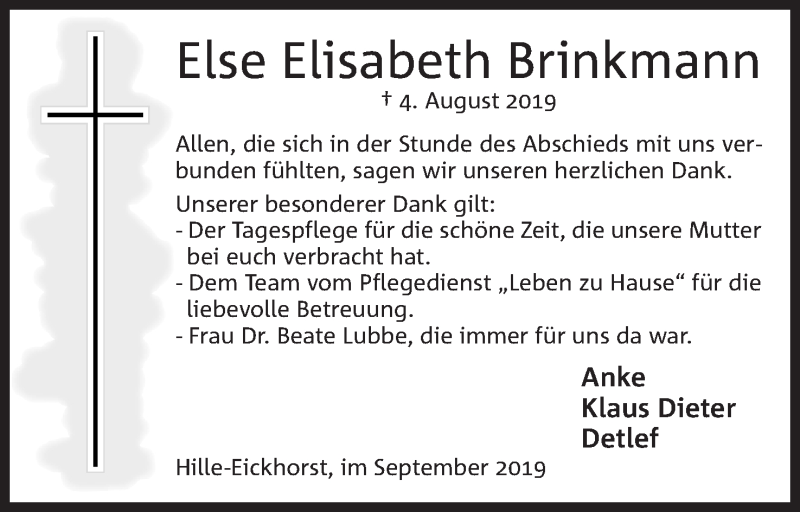  Traueranzeige für Elisabeth Brinkmann vom 28.09.2019 aus Mindener Tageblatt