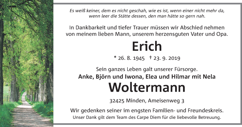  Traueranzeige für Erich Woltermann vom 28.09.2019 aus Mindener Tageblatt